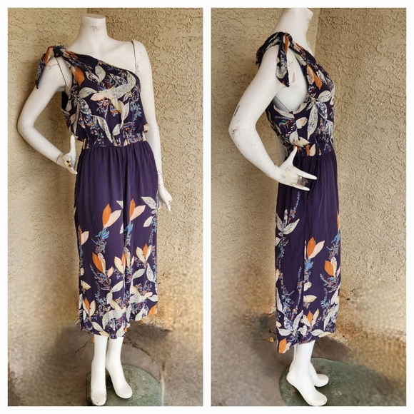 Free People Island Time Denim Blue Print Midi Jumpsuit - Picture 2 of 6